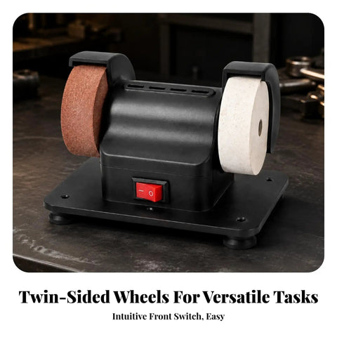 Heavy Duty Twin Wheel Bench Grinder With Kickass Copper Motor For Sweet Garage Space Saving Setup Badass Rust Removal And Fast Blade Sharpening Jobs At Home Or Shop close-up of twin-sided wheels and intuitive switch.