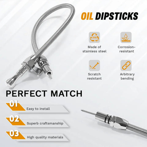 Close-up of firewall mounted transmission dipstick for GM Chevy TH700R4 4L60E 4L80E with stainless steel tube and features list