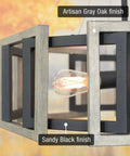 Close-up of rustic 24 inch 5 light farmhouse chandelier with adjustable hanging height in gray oak wood look and sandblasted black finish, open geometric frame, featuring bulb detail.