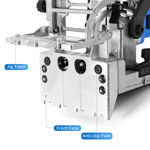 Close-up of Dual Spindle Dowel Jointer With Adjustable Tilt Fence highlighting jig teeth, front face, and anti-slip pads.