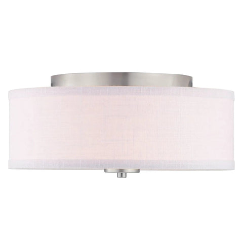 Two Light Flush Mount Ceiling Light With Summer Linen Shade In Brushed Nickel Finish for modern interior spaces.