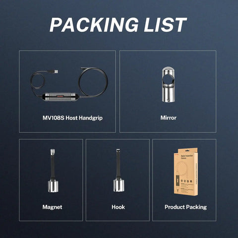 MV108S 1920P USB Endoscope Camera With 8.5mm Lens IP67 Waterproof Borescope 39.5 Inch Flexible Snake Cable packing list with mirror, magnet, hook