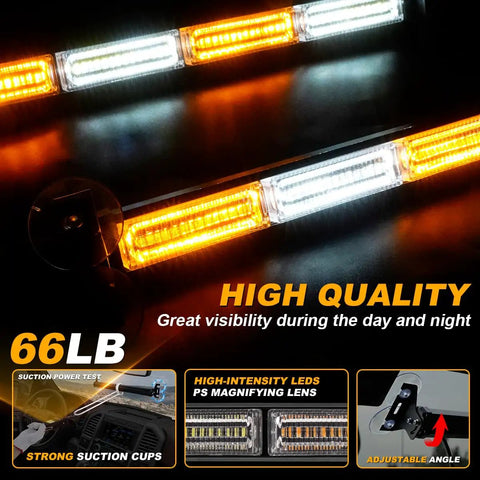 Heavy Duty 2 In 1 Emergency Strobe Light Bar With Hella Bright Amber And White Warning Beacon tough windshield mount with strong suction cups.