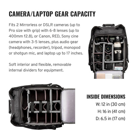 Interior view of Carry On Camera Backpack For DSLR And Mirrorless Gear With Space For 2 Cameras, 6 To 8 Lenses, and Laptop