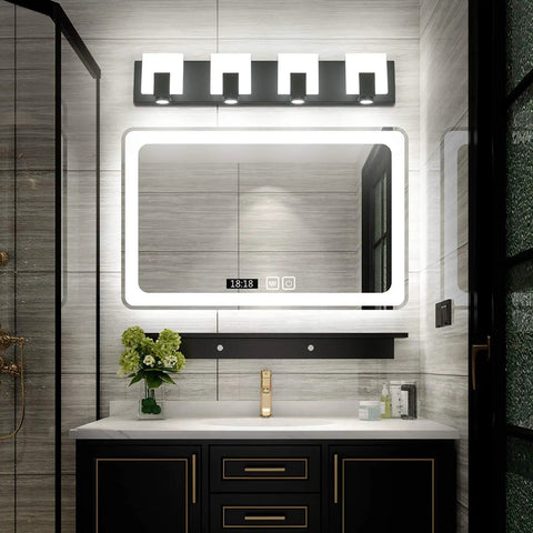 Matte Black Dimmable LED Vanity Lights For Bathroom Above Mirror Kit With Four Fixtures Sleek Bright LED Vanity Lighting Bar Set Easy Install 7249 Mounting Hardware Included in a modern bathroom setting with illuminated mirror.