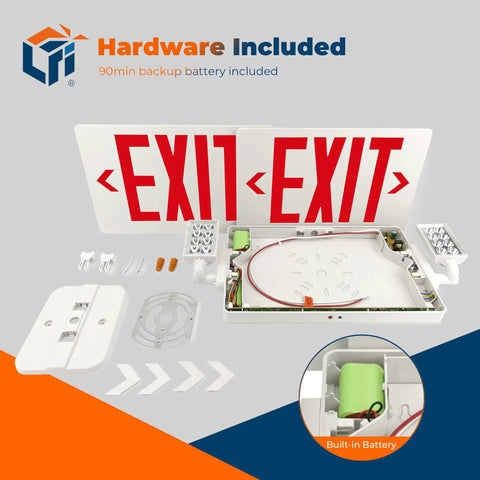 Red LED Exit Sign With Emergency Lights In White Housing UL 924 Listed 120 To 277 VAC Hardwired With Battery Backup