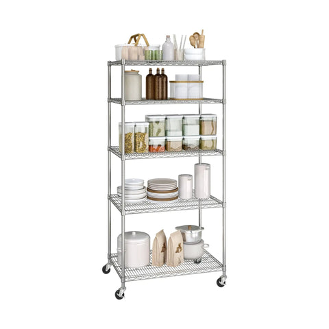 Commercial Grade Steel Wire Shelving Unit Five Tier Adjustable Storage Rack 36 X 24 X 76 Inches Zinc Plated filled with jars and dishes.
