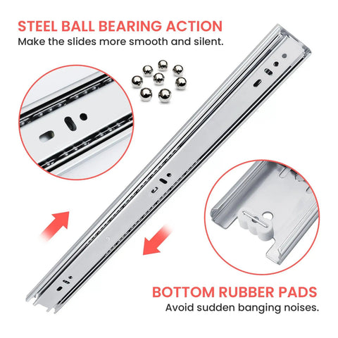 Heavy Hitter Side Mount Drawer Slides Six Pair Zinc Plated Steel 100 Pound Capacity showing steel ball bearings and rubber pads.