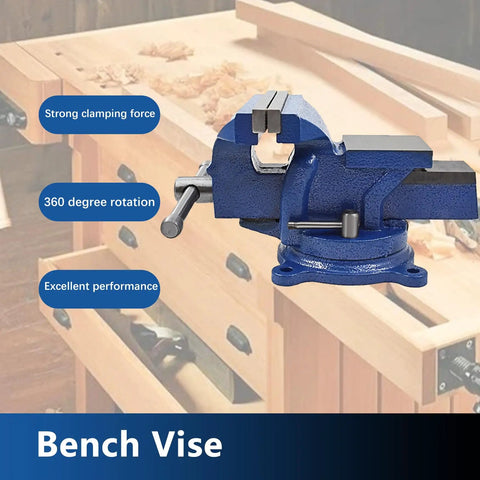 Heavy Duty 6 Inch Bench Vise With Table Top Clamp And 360 Degree Locking Swivel Base on workbench