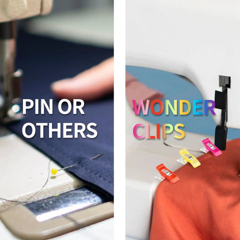 Image showing Super Handy Pack Of 100 Clear Plastic Sewing Clips used instead of pins on fabric at a sewing machine.