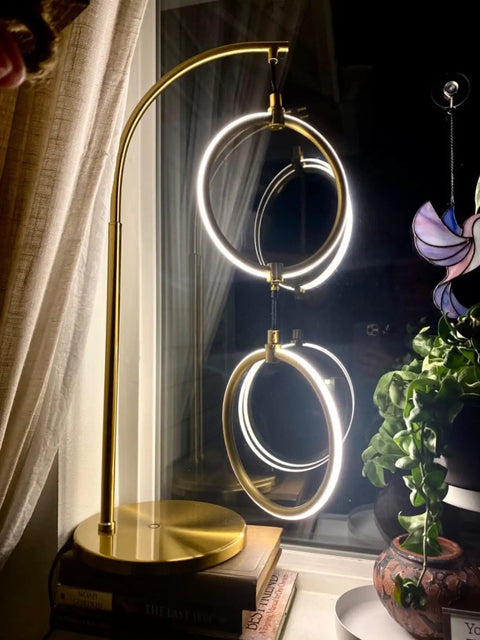 Nova Modern Arc Table Lamp With Two Circle Ring Style Pendant Alexa Compatible Nightstand And Couch Side Light in Brass Finish