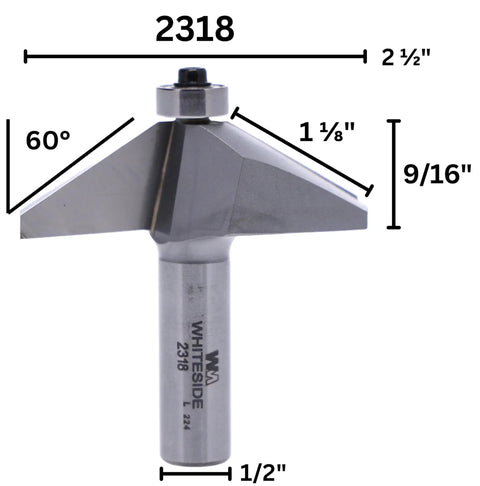 60 Degree Chamfer Router Bit With Carbide Tip Half Inch Shank Two And A Half Inch Diameter One And One Eighth Inch Cutting Length Nine Sixteenths Inch Cutting Height Ideal For Delicate Edge Bevels On Half Inch Collets