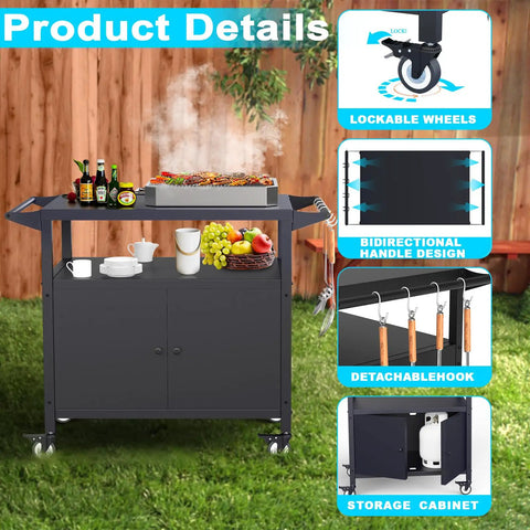 Weather Resistant Outdoor Grill Table With Storage And Mobility, Movable Bbq Grill Cart For Patio And Backyard, utensils and storage view