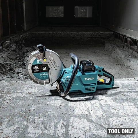 Badass 9 Inch Brushless Cordless Power Cutter With 40V Max Xgt System Electric Brake and Aft Safety Stop For Hard Core Demolition and No Sweat Cutting Work Including Diamond Blade Tool Only on concrete surface.