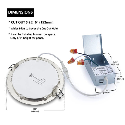 Canless 6 Inch LED Recessed Downlight With Junction Box Ultra Thin Dimmable Ceiling Light No Fuss 12W 5 CCT Adjustable Color Temperature Damp Location Rated Brushed Nickel Finish 6 Pack dimensions