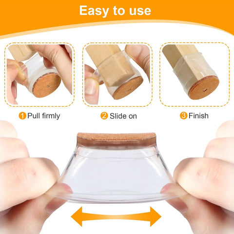 Instructions on installing silicone felt chair leg floor protectors, showing steps to pull firmly, slide on, and finish application.