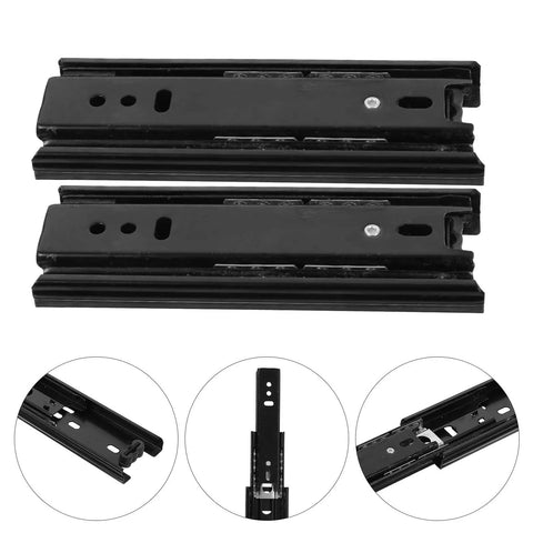 Dark Colored Cold Rolled Steel Drawer Slides With Smooth Glide No Squeak Quiet Operation And Easy Install Three Section Full Extension Ball Bearing Rails For DIY Replacement And File Cabinets, close-up of black ball-bearing rails with holes and grooves detail.