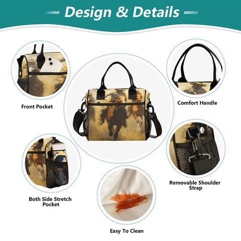 Desert Brown Insulated Cooler Bag Lunch Box Tote With Detachable Shoulder Strap showing pockets and easy-to-clean surface