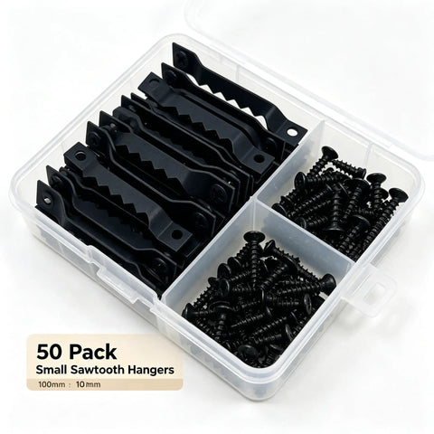Image of 50 Pack Small Sawtooth Picture Hangers With Screws, Black Steel Hanging Hardware Kit for Photo Frames organized in plastic box.