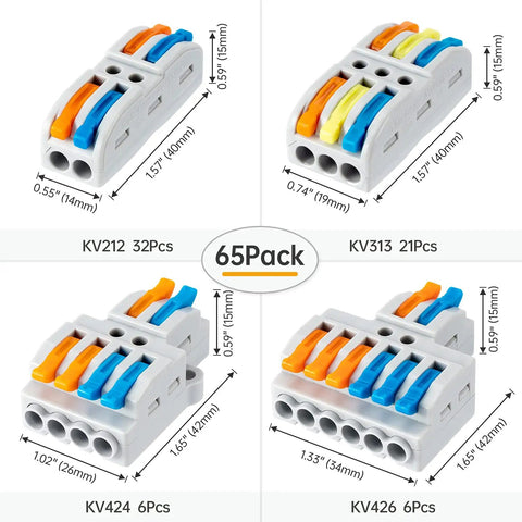 65 Piece Compact Splicing Wire Connectors Kit For AWG 28 To 12, showing four types of connectors with dimensions and quantities.