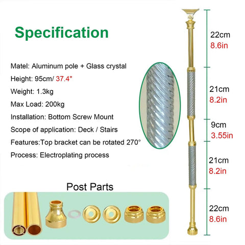 95cm Tall Handrail Post With Installation Kit, Adjustable Banister Spindle For Indoor Home Stairways, Sturdy Aluminum Pillar detail