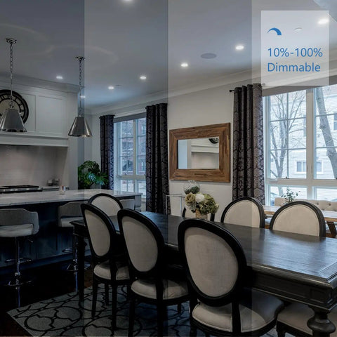 Dining room with 12 Pack 5/6 Inch LED Recessed Can Lights Adjustable Retrofit Downlights, dimmable 10-100% illumination