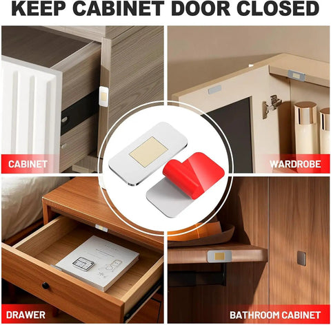 No Drill Ultra Thin Stainless Steel Cabinet Magnets With Strong Adhesive for kitchen, bathroom, closet cabinets shown