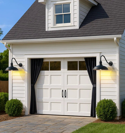 12.6 Inch Outdoor Gooseneck Barn Light With Dusk To Dawn Sensor on garage wall, heavy duty metal, galvanized finish