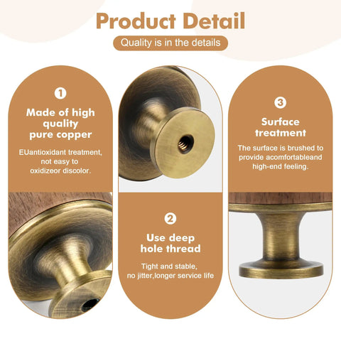 Close-up details of Dope Walnut Wood And Antique Brass Cabinet Knobs Set 5 Pack, showcasing copper material and brushed surface.