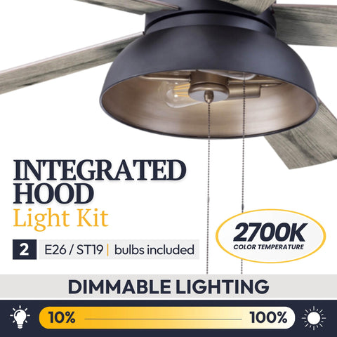 Brightondale 52 Inch Industrial Style Indoor Outdoor LED Ceiling Fan with Light showing integrated hood and pull chain