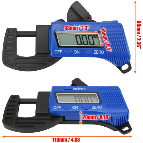 Digital Thickness Gauge Micrometer With Portable Rugged Build And Quick Inch Metric Switching showing dimensions and display for easy measurement.