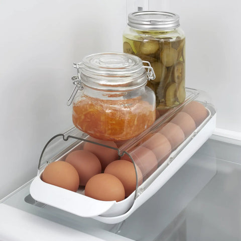 Rolling Egg Holder Organizer For Fridge, BPA-Free Stackable Dispenser With Removable Tray, Holds 12-14 Eggs, See-Through Top