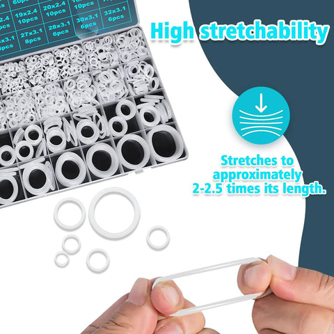 silicone O-ring kit for pneumatic systems with white silicone O-rings stretching demonstration and various sizes for versatile sealing tasks