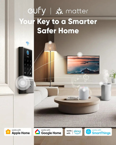 Zero Sweat Plug And Play Keyless Entry Door Lock With Fingerprint Scanner and Built In Wireless Hub installed in modern living room.
