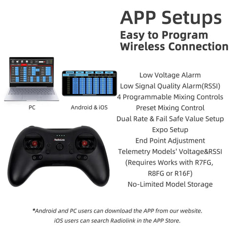 App setups for Compact 8 Channel 2.4GHz RC Transmitter with Built In Rechargeable Battery Pocket Size Dual Mode Controller