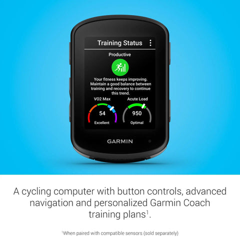 Edge 540 Compact GPS Cycling Computer With Button Controls displaying training status on screen, front view.