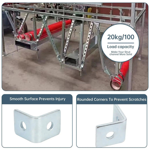 Heavy Duty 90 Degree Angle Connectors For 1 5 8 Inch Strut Channels, Beefy Two Hole L Brackets, 3 16 Thick Steel With Silver Electro Galvanized Coating 10 Pack in use with strut channel and red pipes.