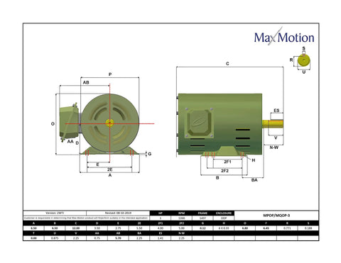 Heavy Duty Three Phase General Purpose Electric Motor 1HP 575V 1200RPM ODP Enclosure 145T Frame Premium Rolled Steel For Pumps Compressors Conveyors Fans And Blowers dimension drawing