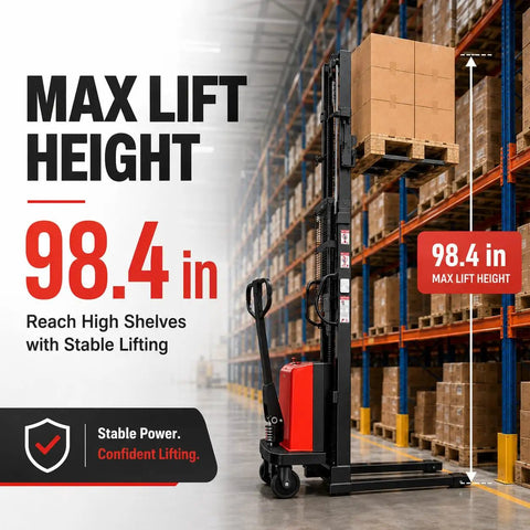 Heavy Duty Carbon Steel Semi Electric Pallet Stacker With 1.6KW Motor And 3500 Lb Capacity lifting pallets to 98.4 in in warehouse.