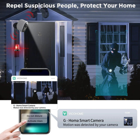 Wireless Outdoor Security Camera 2.5K Ultra HD capturing night vision video of intruder with alert on smartphone app.