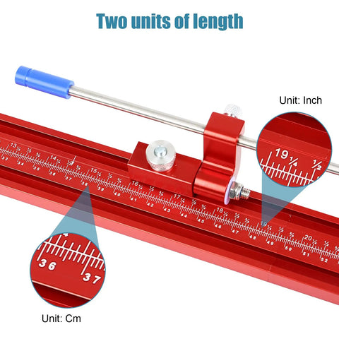 Close-up of updated Inch Parallel Guide Rail System for woodworking showing dual measurement in inches and centimeters.