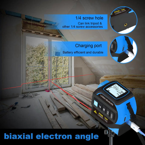 4 In 1 Laser Measure Tool With 60m Range Laser Distance Meter And 16Ft Self Locking Tape on tripod, charging port and 1/4 screw hole