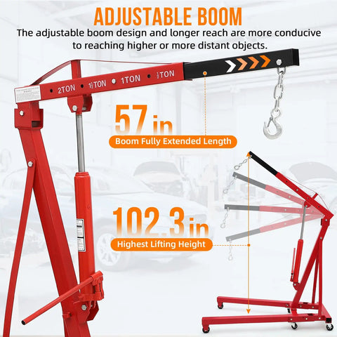 Rock Solid Heavy Duty Folding Engine Hoist 2 Ton 4400 Lbs Hydraulic Tilting Shop Crane adjustable boom length 57 in and height 102 3 in.