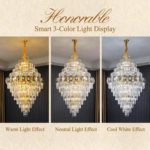 Premium Smoke Gray Crystal Chandelier Ceiling Fan 42 Or 48 Inch Dimmable LED Lights Smart Three Color Remote Control showcasing warm, neutral, and cool light effects.