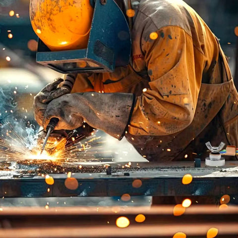 Welder using Beefy Welding Ground Clamp With Strong Suction And Heavy Duty Ground Magnet alongside sparks and protective gear.