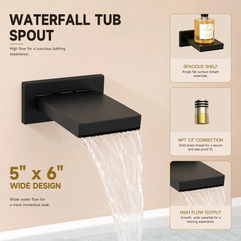 Top Shelf Heavy Duty All Metal Shower System With Tub Spout And Matte Black Finish Featuring Rock Solid 10 Inch Rain Head And Handheld Sprayer Built With Durable Valve Waterfall tub spout with wide water flow.