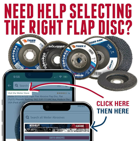 Selection guide for different Tiger flap discs on display with mobile search instructions for Angled Tiger Flap Disc Four And One Half Inch Ceramic Alumina 60C Grit