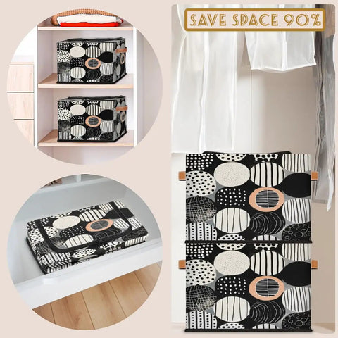 Fan Favorite Black And White Boho Design Storage Bins With Secure Lids Foldable Closet Organizers Featuring Soft Leather Handles For Heavy Duty Washable Home Decluttering on shelves and drawers.