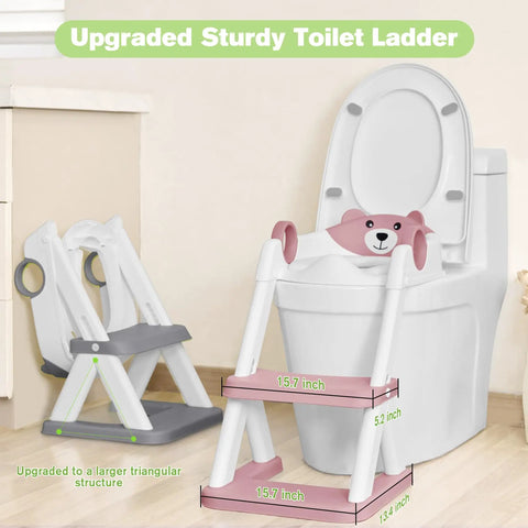 No Sweat 2 In 1 Potty Training Seat With Step Stool For Toddlers, adjustable height close-up showing triangular design and bear features.