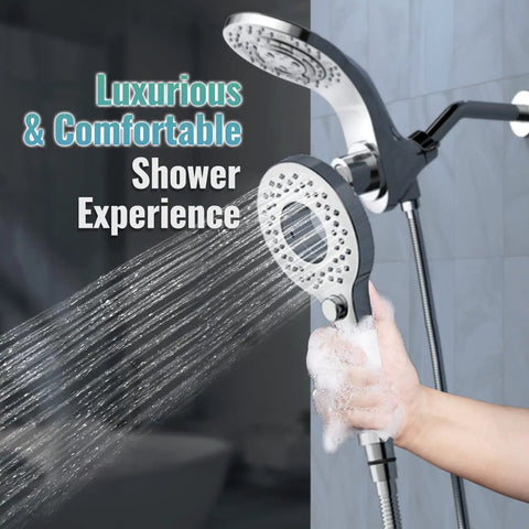 8 Spray 2 In 1 Dual Shower Head With Handheld And Magnetic Dock Hose Included Detachable Pause Switch in use, chrome finish